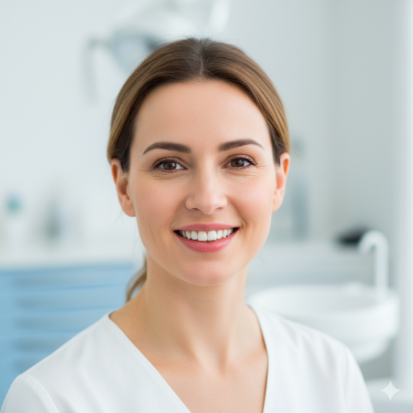 Mulher sorrindo com expressão leve e confiante após limpeza dentária em clínica odontológica de Porto Alegre.